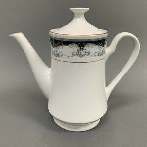 Porcelain Tea Coffee Pot White Black Floral Gold Trim